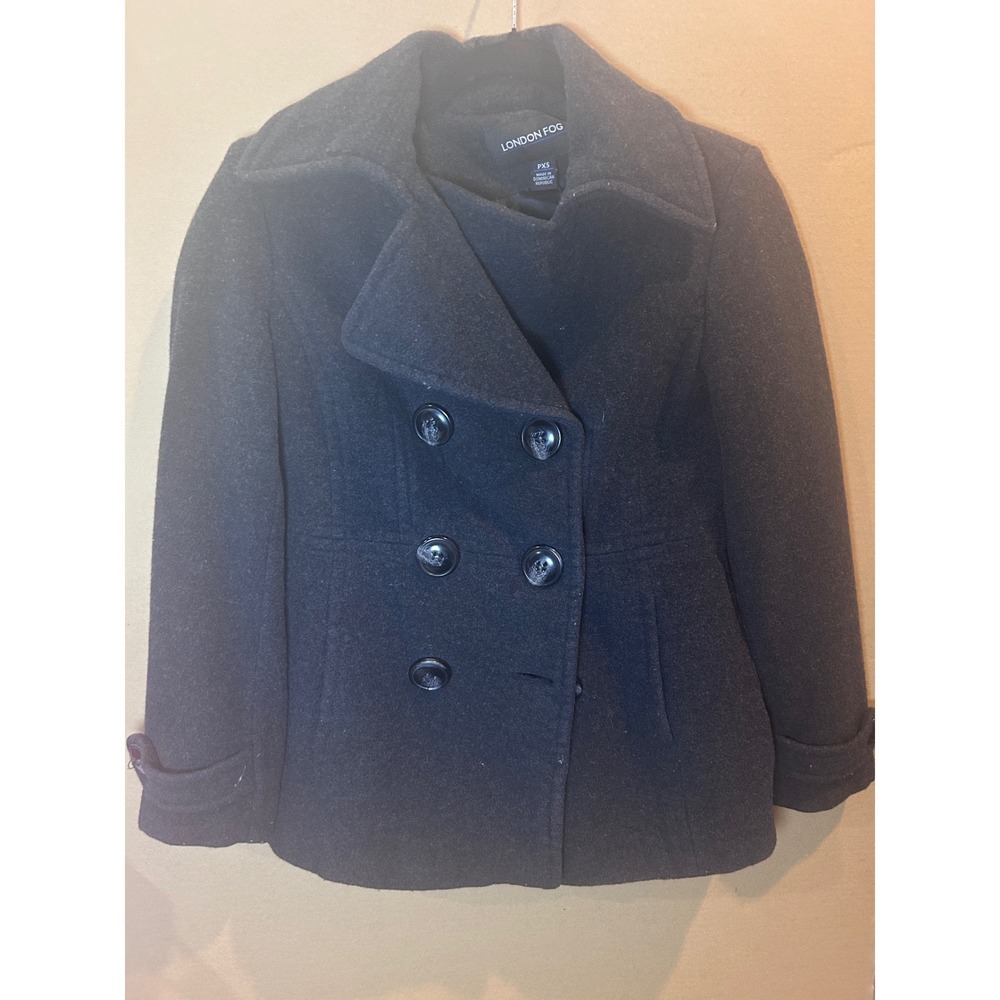London Fog Peacoat Women PXS Charcoal Gray‎ Excellent Wool Blend Double Breasted